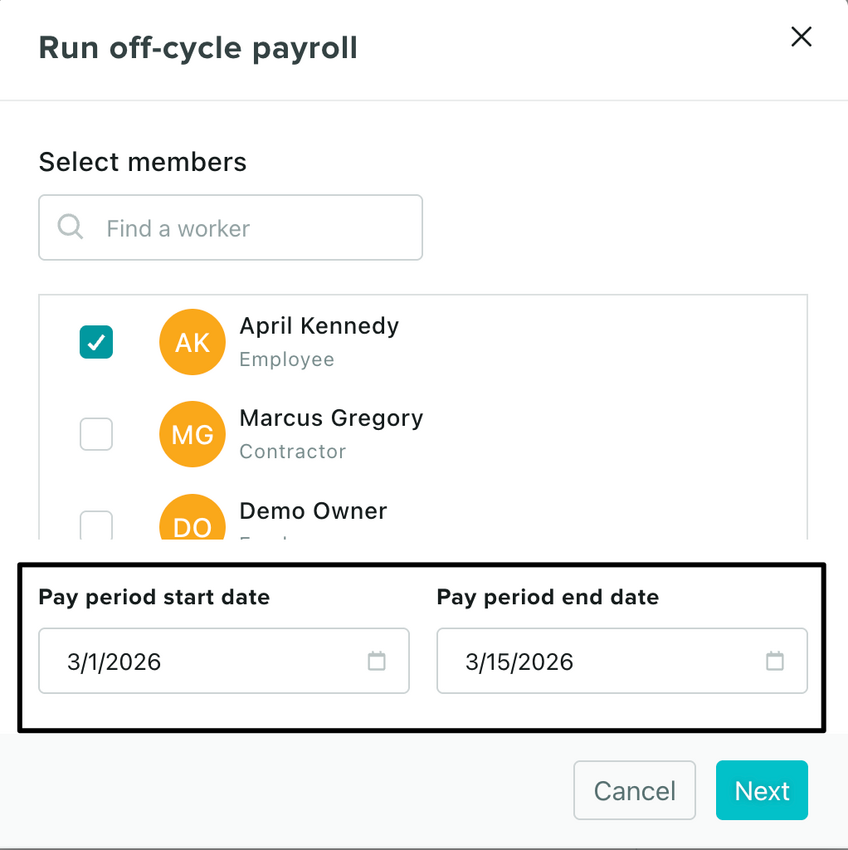 The off-cycle payroll pop-up showing staff member selection and pay period date fields