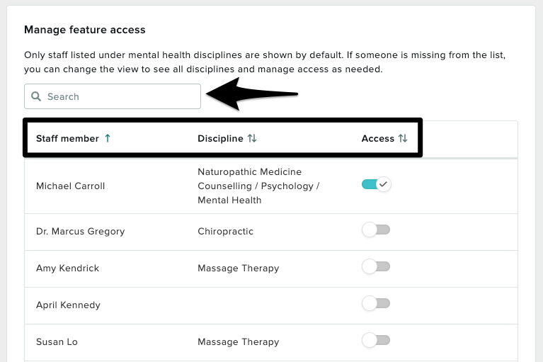 The search bar and filters highlighted above the list of staff