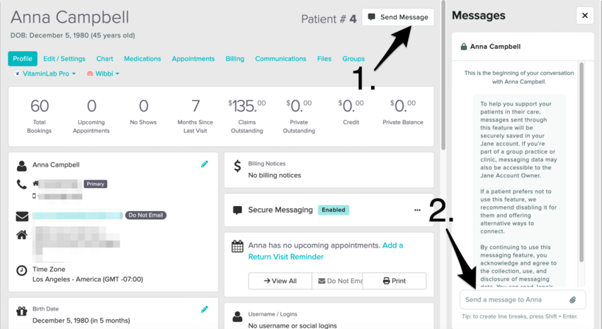 A patient's profile with the messaging panel open to the right