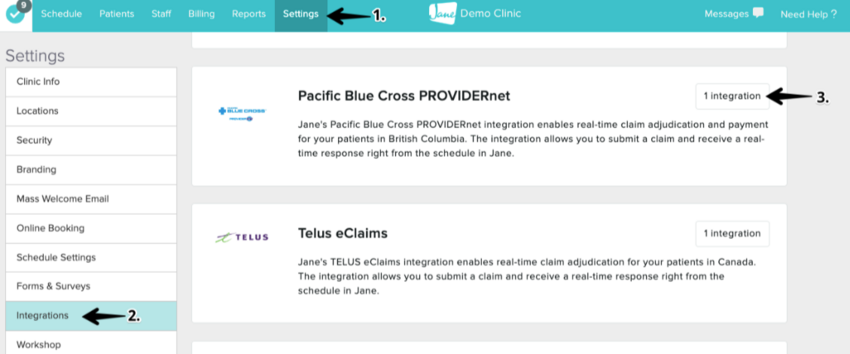 The list of integrations under the Settings tab with Pacific Clue Cross highlighted