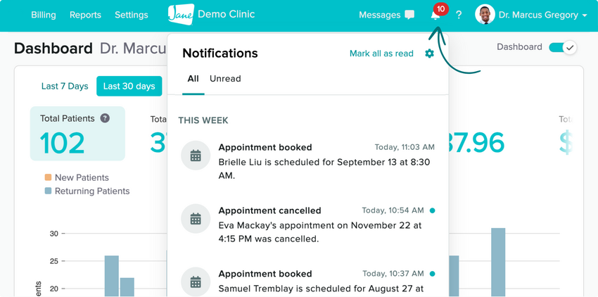 new staff notification centre showing the bell icon with practitioner notifications