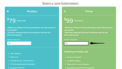 An image of the subscription plan screen with the Number of licenses field