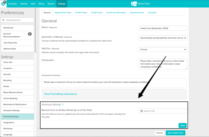 An image of the navigational steps to view and update the Resend Form to all New Bookings as of this Date settings