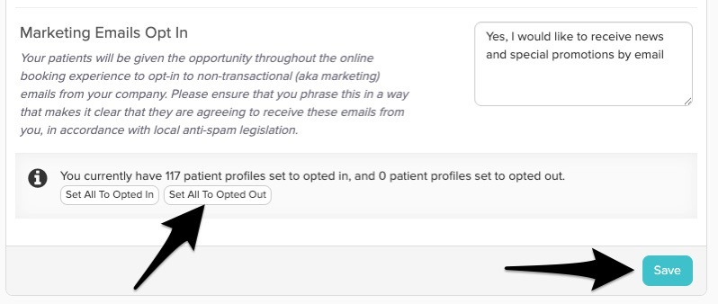 The Marketing Emails Opt in area with the Set all to opted out button highlighted