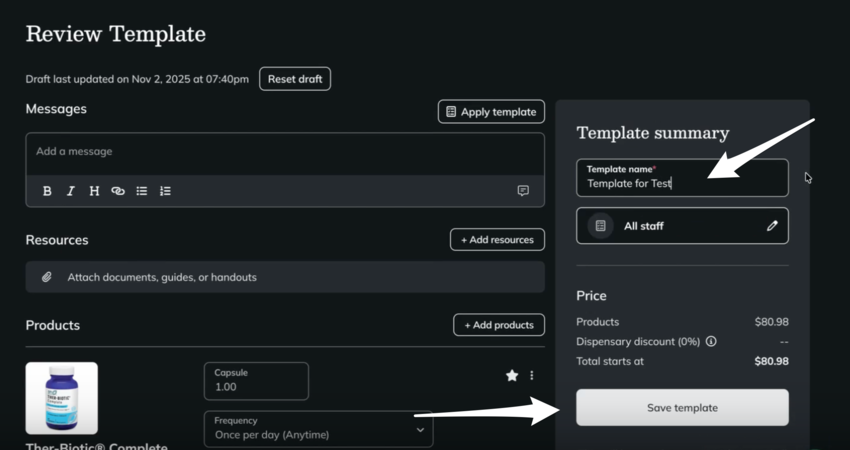 the review template screen in fullscript
