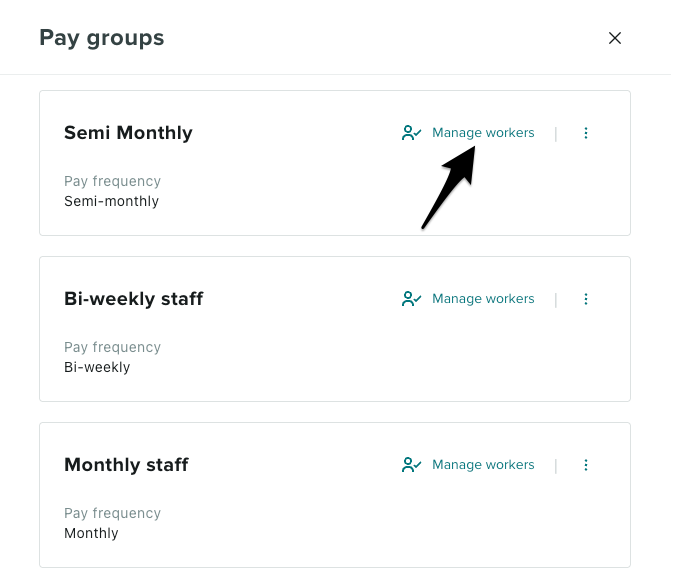 The Pay Group edit screen showing the Manage Workers button