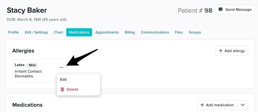 The Allergies section with the three dots menu open next to an allergy entry, showing the Edit and Delete options