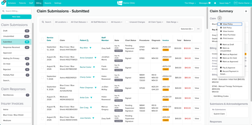The Claim Summary panel in the Submitted folder with the circle drop-down open, showing the Mark as Draft and Mark as Unsubmitted options