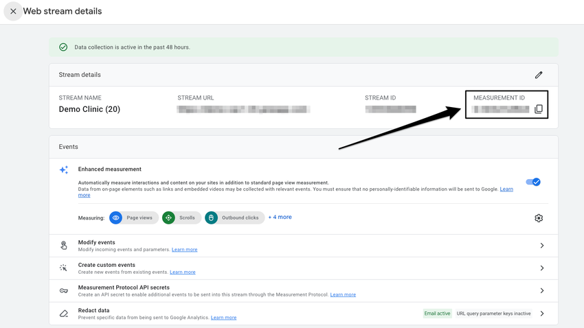 An image of where to view and copy the measurement ID within the Google Analytics platform