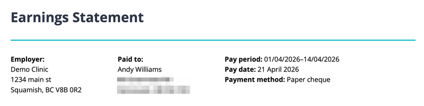 The top section of a contractor pay stub showing clinic information, personal information, pay period, and payment method