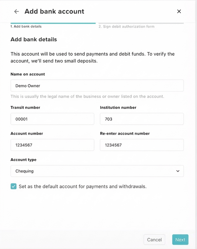 The bank account details screen showing the manual entry fields