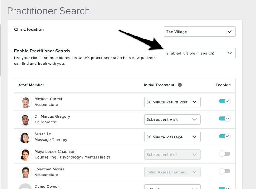 The Practitioner Search Settings page with the dropdown menu to enable Practitioner Search