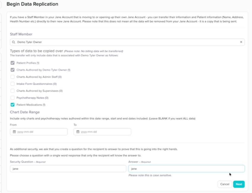The Begin Data Replication screen with the types of data to be copied over and the security question and answer you can customize