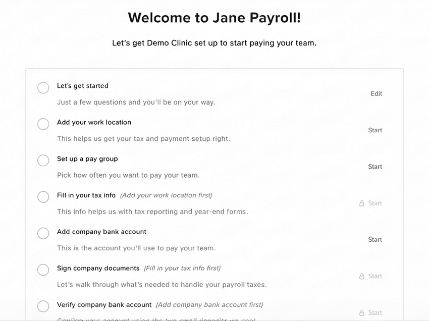 The Welcome to Jane Payroll checklist screen