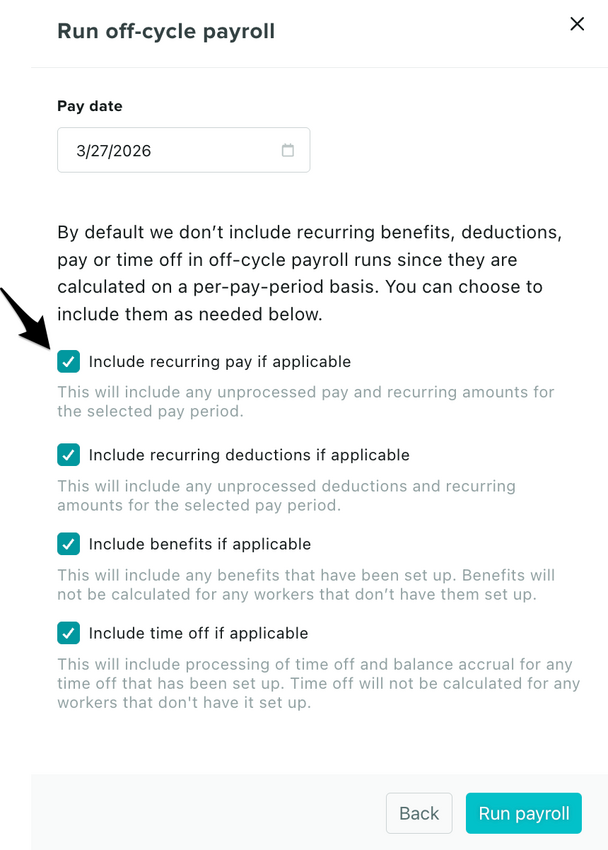 The off-cycle payroll options screen showing the checkboxes