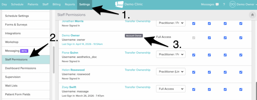 The Staff Permissions page showing a black Account Owner badge next to a staff member's name