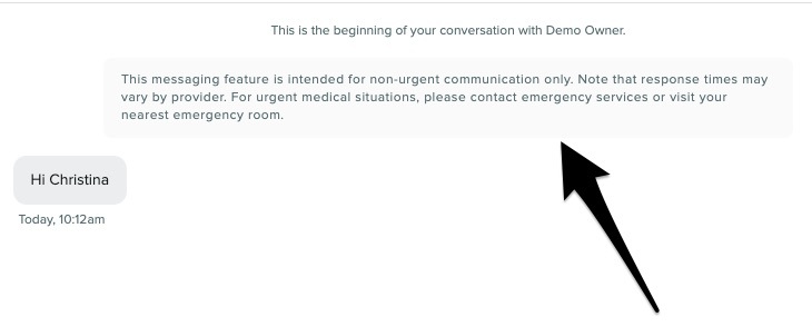 A secure message thread with the patient guidelines message at the top in a light gray box