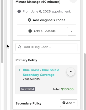 The Insurance Info section in the appointment panel showing the prior authorization details underneath the patient's policy