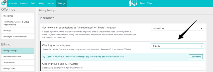 An image of the field the populates with TriZetto is selected as the clearing house