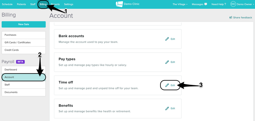 The accounts area in the billing tab with the edit button next to the time off section