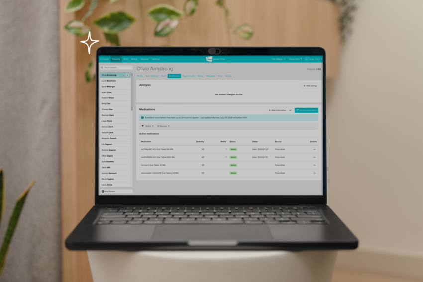 A laptop showing a patient's Medications tab in Jane, where ePrescribe prescriptions will sync from DoseSpot.