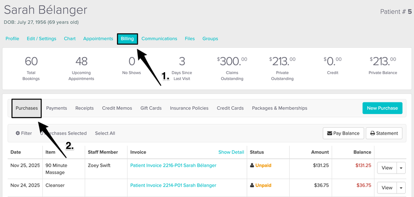 An image of where Jane redirects to within the billing tab of a patient's profile