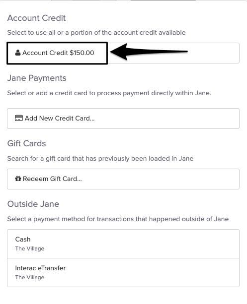 An image of what the pop up window looks like and where to view and select the credit as the payment method