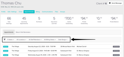 An image of where to select the different filters with the appointment tab of a patient's profile 