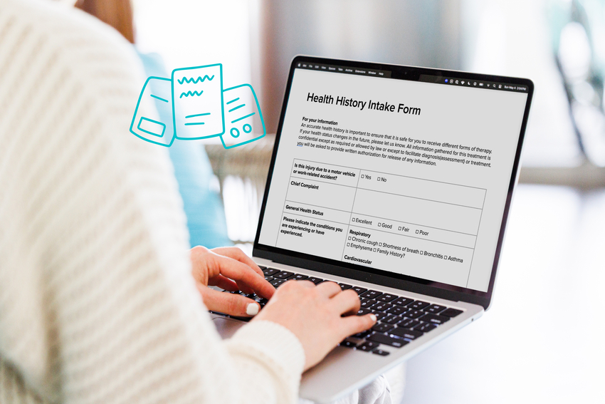practitioner looking over their physical therapy intake form on their laptop