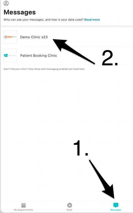 A patient's messages tab in the mobile app, showing a list of their clinics