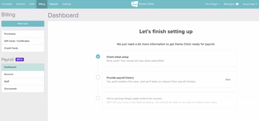 The Dashboard showing the Provide Payroll History step with the Start button