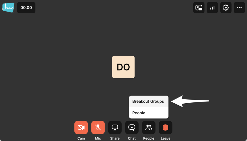 The People icon open during a Telehealth session with Breakout Groups highlighted