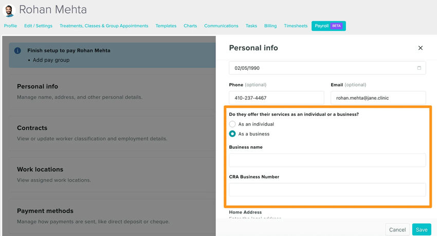 the personal info tab where the business name and CRA business number can be entered