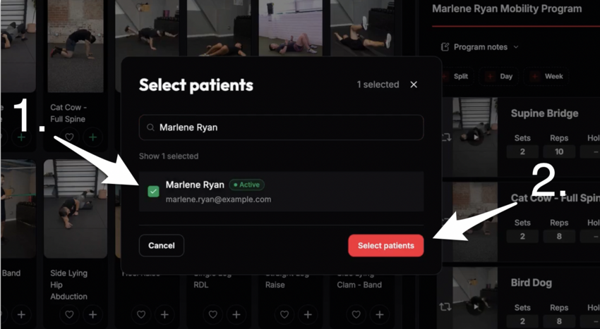 The select patients screen with a search bar, the patient results with a checkbox next to each patient and a select patients button