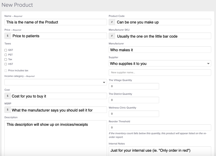 the different fields to fill out when creating a product