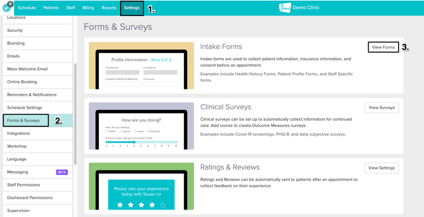 An image of the navigational steps to access Intake Forms