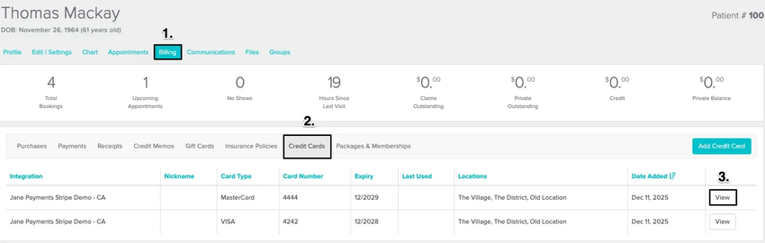 An image of the navigational steps to get to the credit cards area within a patient's profile