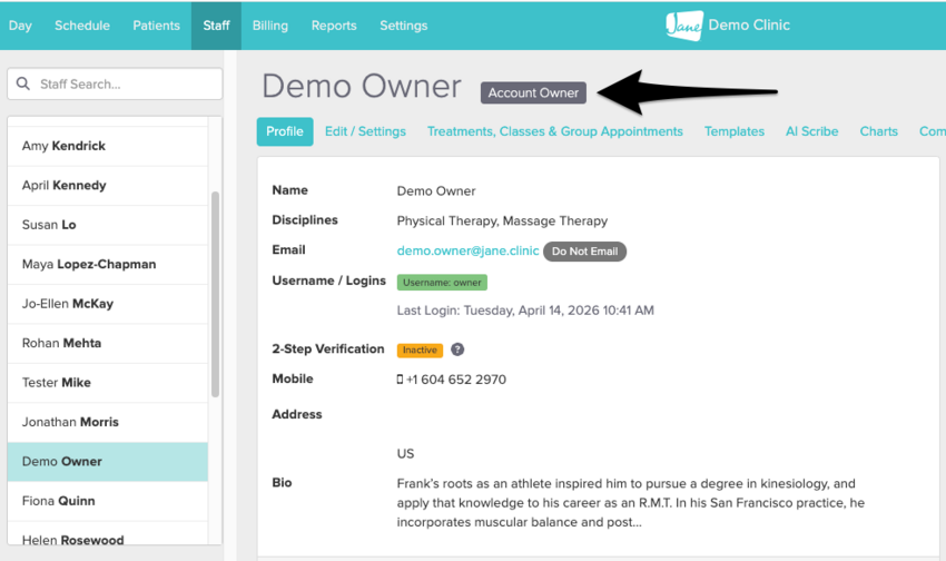 A staff profile with a black Account Owner badge displayed next to the staff member's name