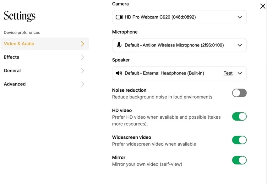The video & audio settings area 