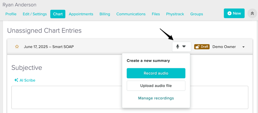 The top of a Smart SOAP Note chart entry showing the microphone icon selected with the Record Audio button available.