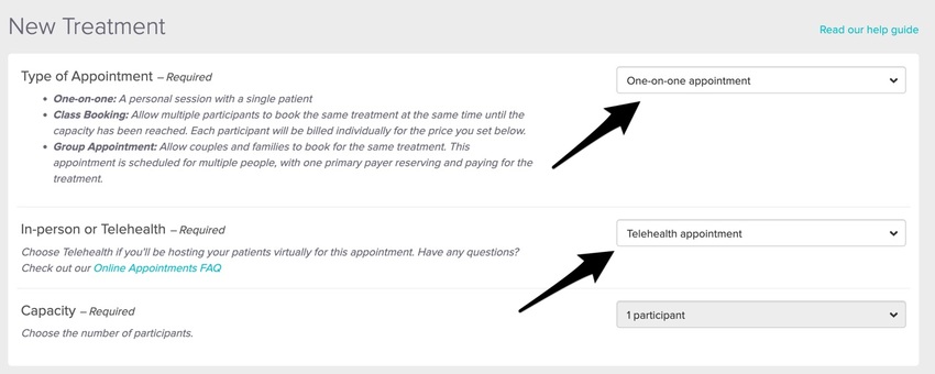 The New Treatment form showing the In-Person or Telehealth drop-down menu with Telehealth selected