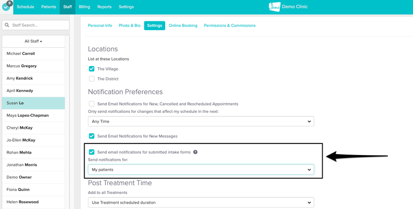 An image of the navigational steps to turning on emailed notifications for patient intake form completion