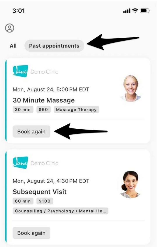the appointments tab with the past appointments filter selected