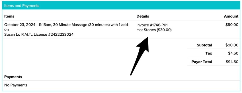the patient invoice showing the add-on price