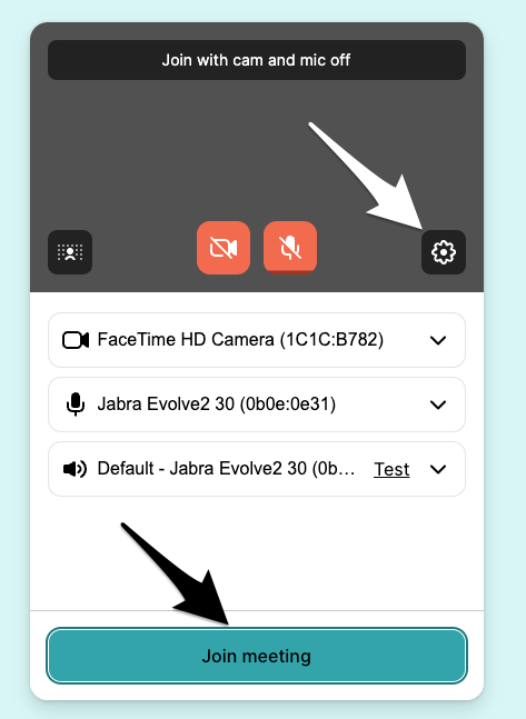 The pre-call settings screen showing the Join Meeting button