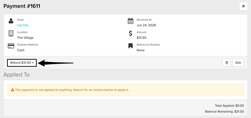 An image of where to view and click on the refund button in the top left corner of the screen