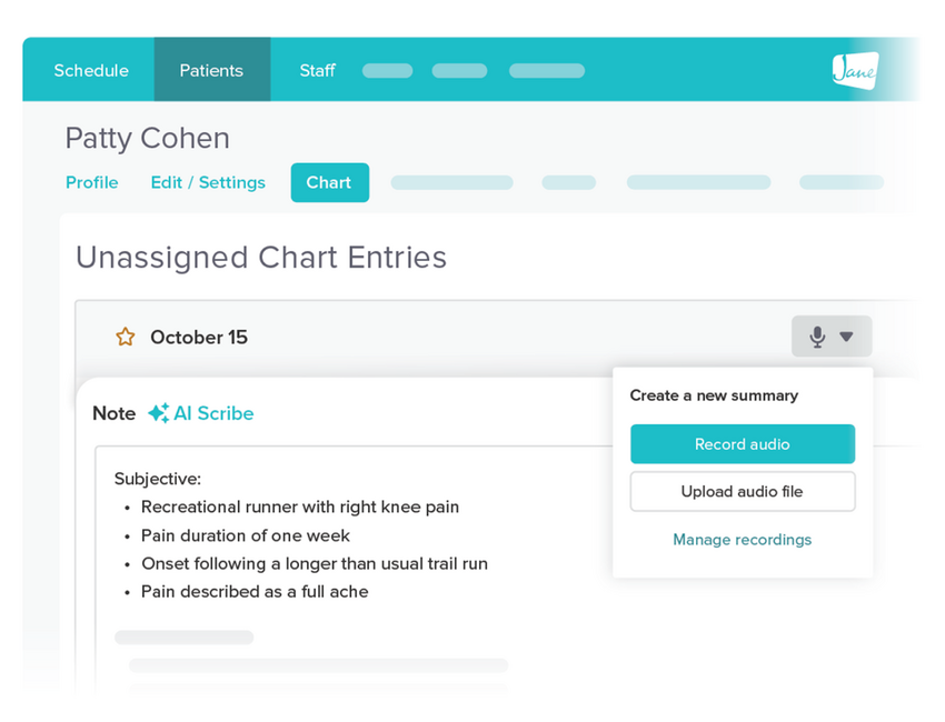 An AI Scribe chart note is generated for a patient visit in Jane.
