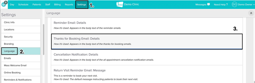 An image of the navigational steps to view and update the content within the language tab of Jane