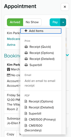 The Pay drop-down on the Appointment Panel with CMS1500 (Primary) and CMS1500 (Secondary) listed under PDF