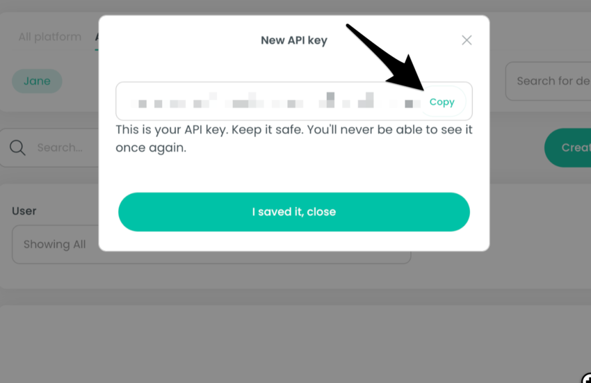 The Documo API key with the Copy button and I saved it, close button